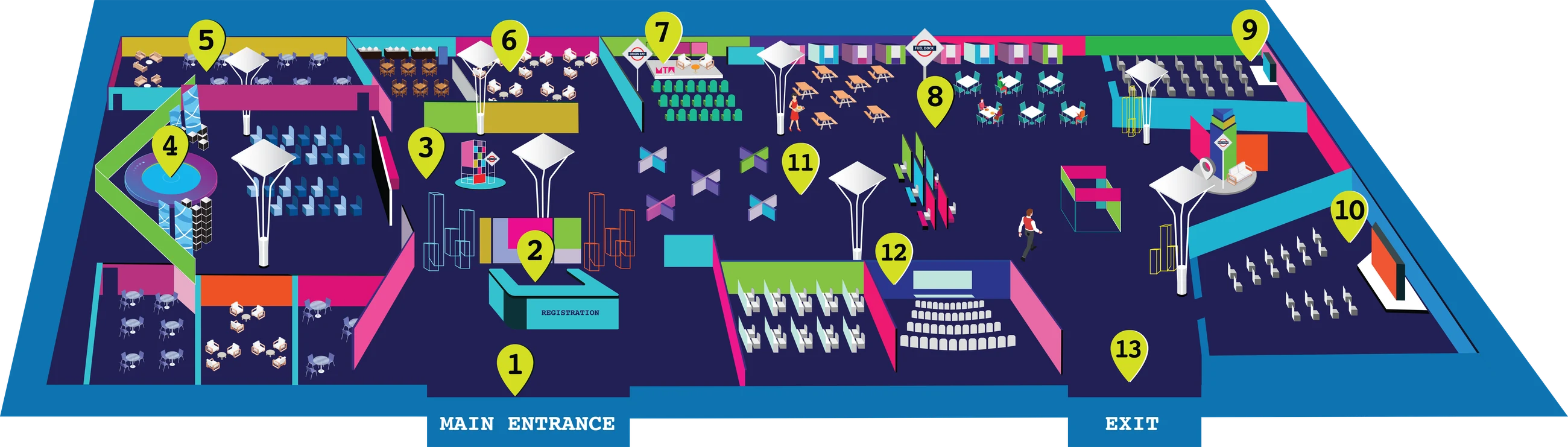 Mumbai Tech Week 2026 festival floor map showing 13 numbered zones between the main entrance and exit